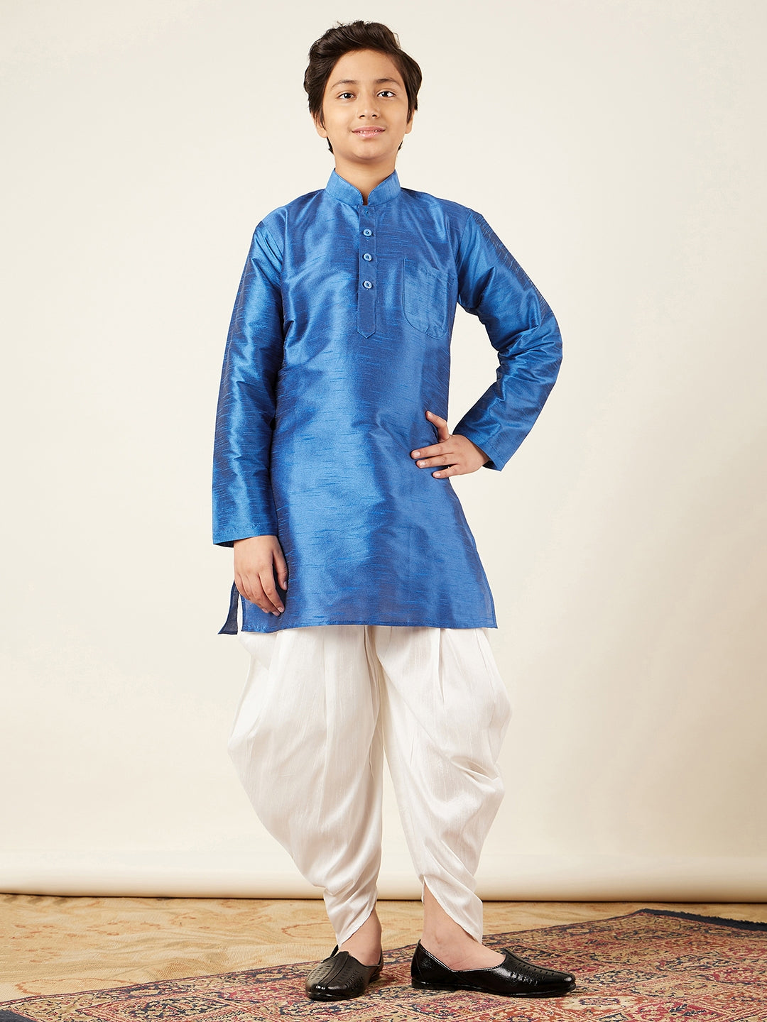 Kids Boys Blue Solid Silk Blend Kurta Pyjama Set