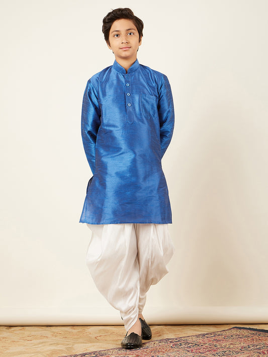 Kids Boys Blue Solid Silk Blend Kurta Pyjama Set