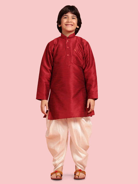 Kids Boys Maroon Solid Silk Blend Kurta Pyjama Set