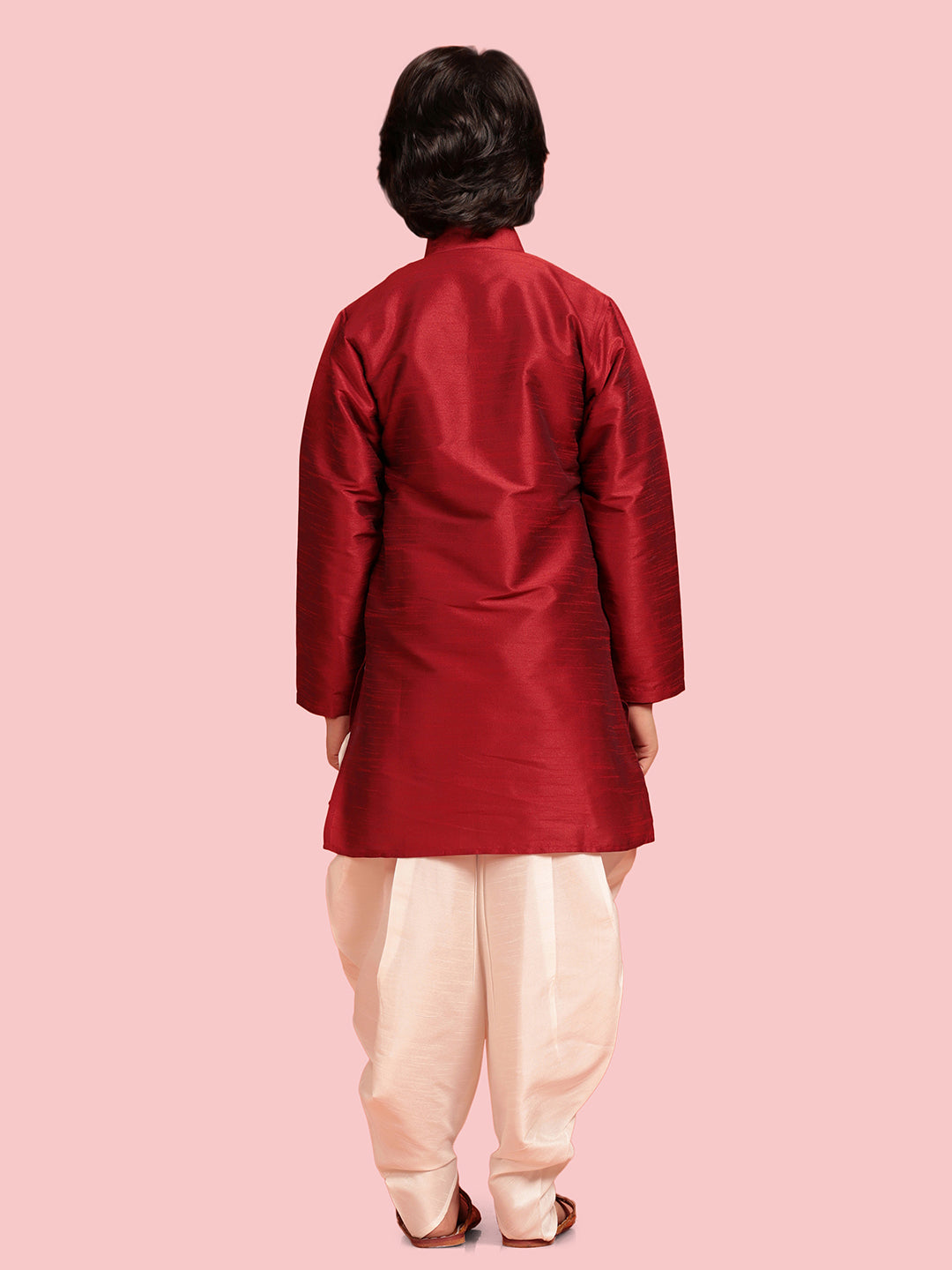 Kids Boys Maroon Solid Silk Blend Kurta Pyjama Set