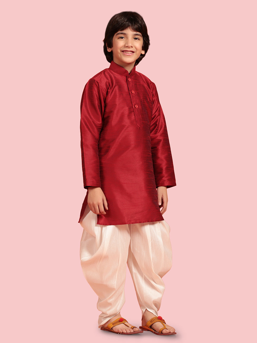 Kids Boys Maroon Solid Silk Blend Kurta Pyjama Set