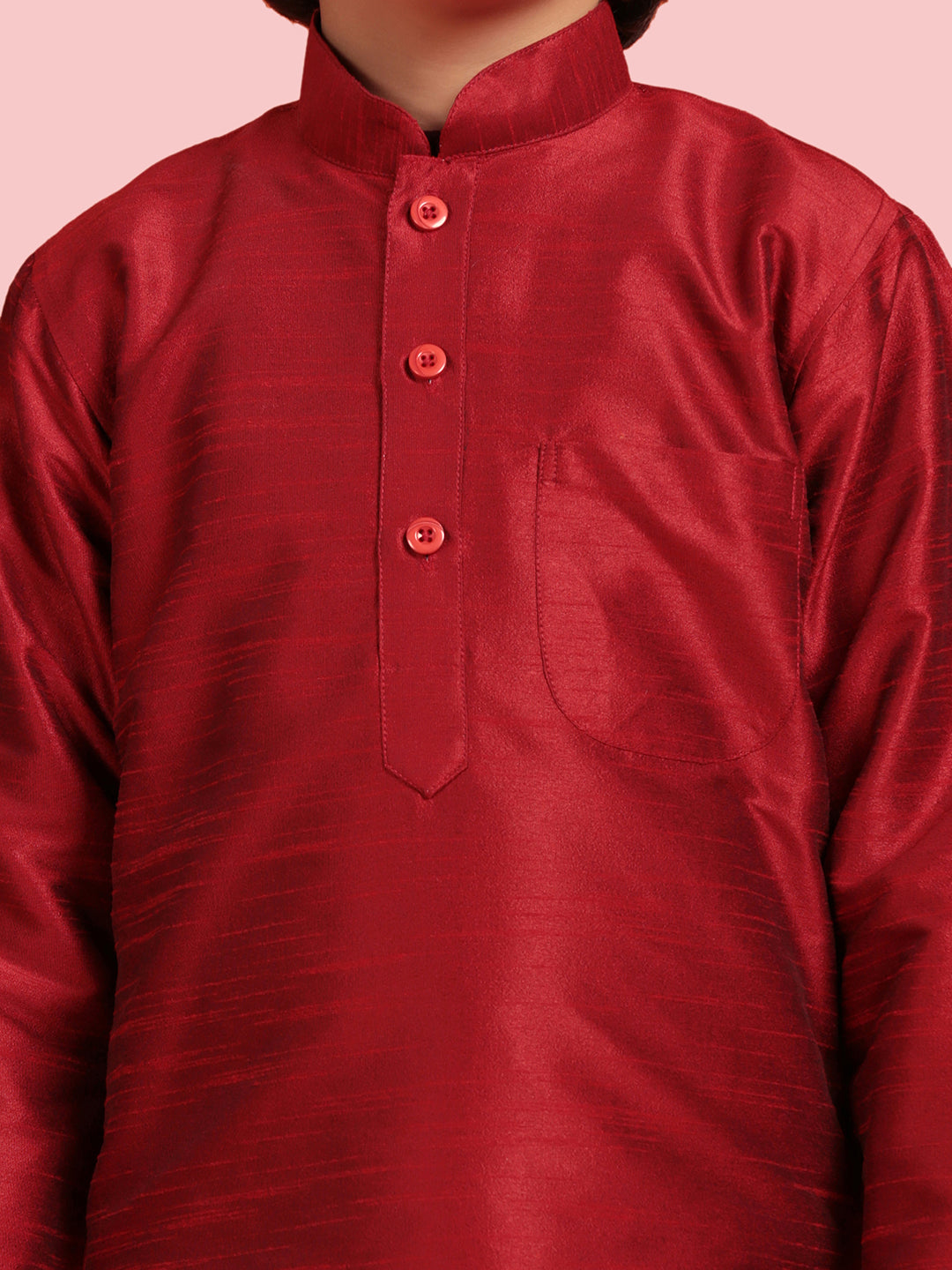 Kids Boys Maroon Solid Silk Blend Kurta Pyjama Set