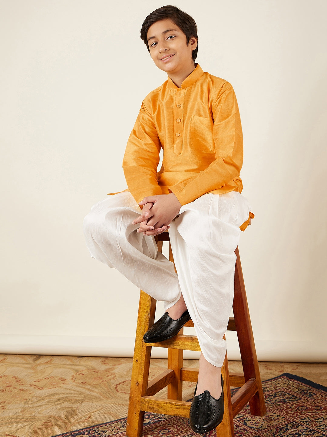 Kids Boys Yellow Solid Silk Blend Kurta Pyjama Set