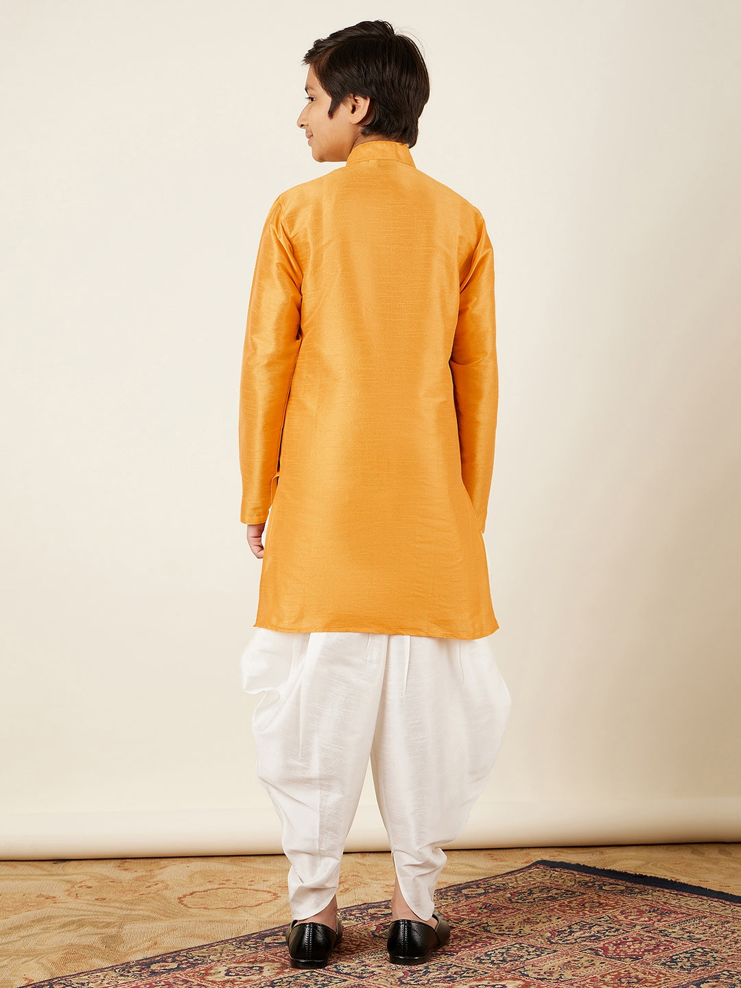 Kids Boys Yellow Solid Silk Blend Kurta Pyjama Set