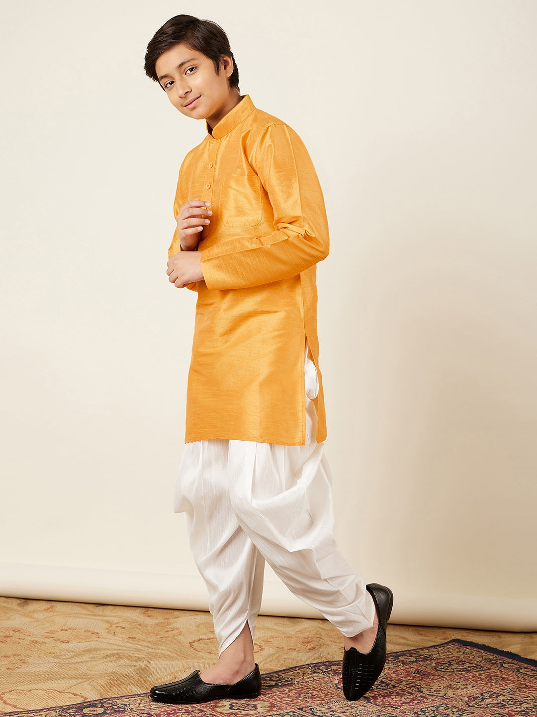 Kids Boys Yellow Solid Silk Blend Kurta Pyjama Set