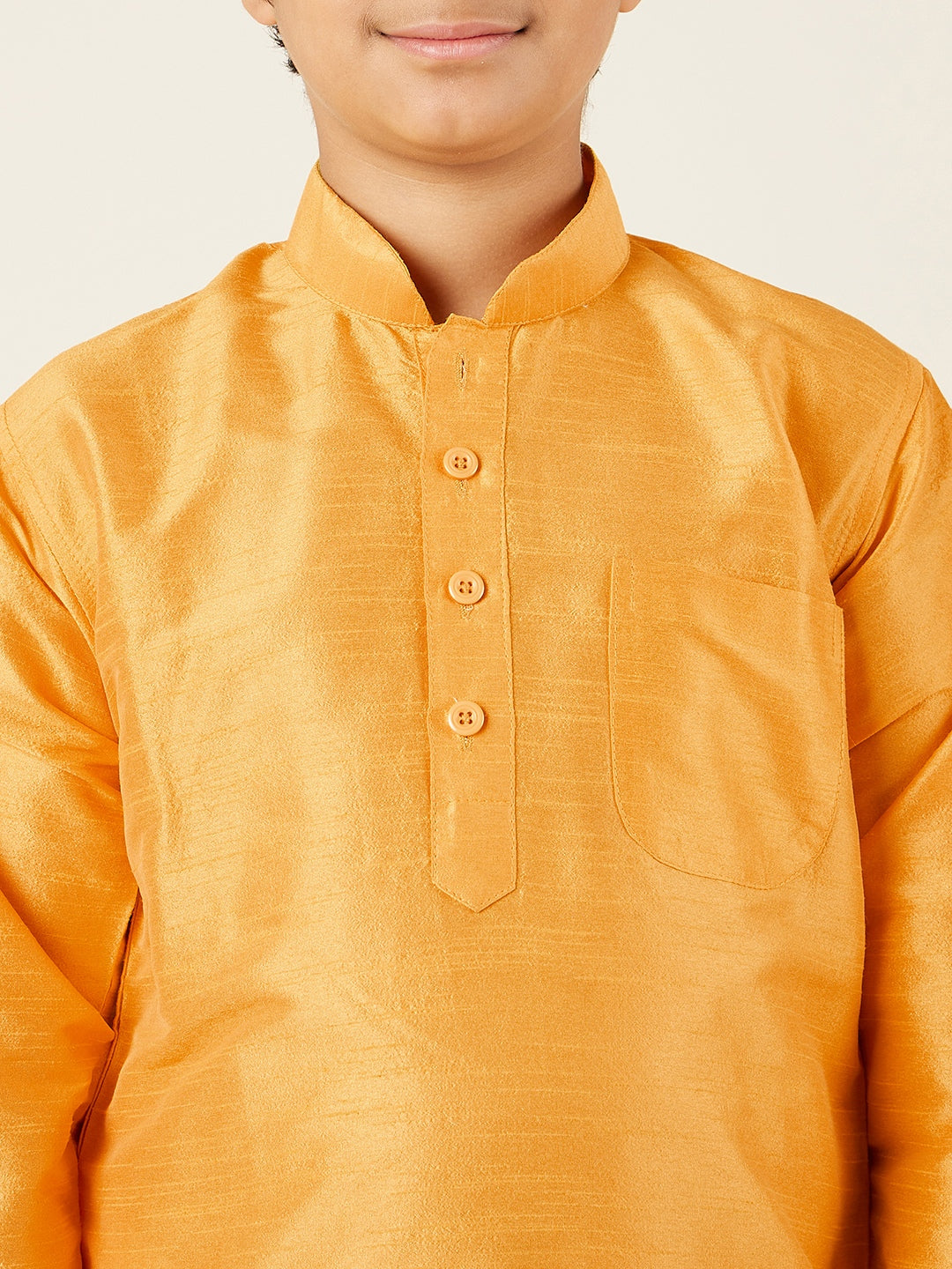 Kids Boys Yellow Solid Silk Blend Kurta Pyjama Set