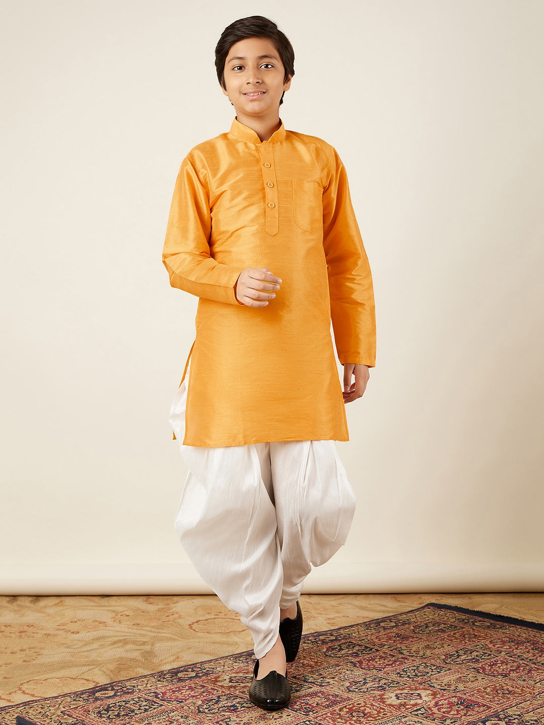 Kids Boys Yellow Solid Silk Blend Kurta Pyjama Set