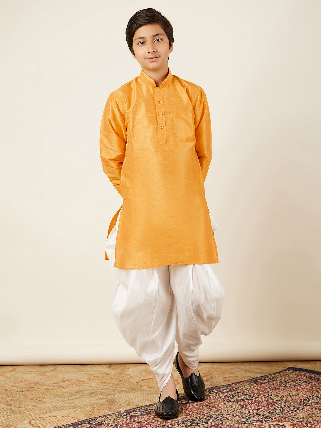 Kids Boys Yellow Solid Silk Blend Kurta Pyjama Set