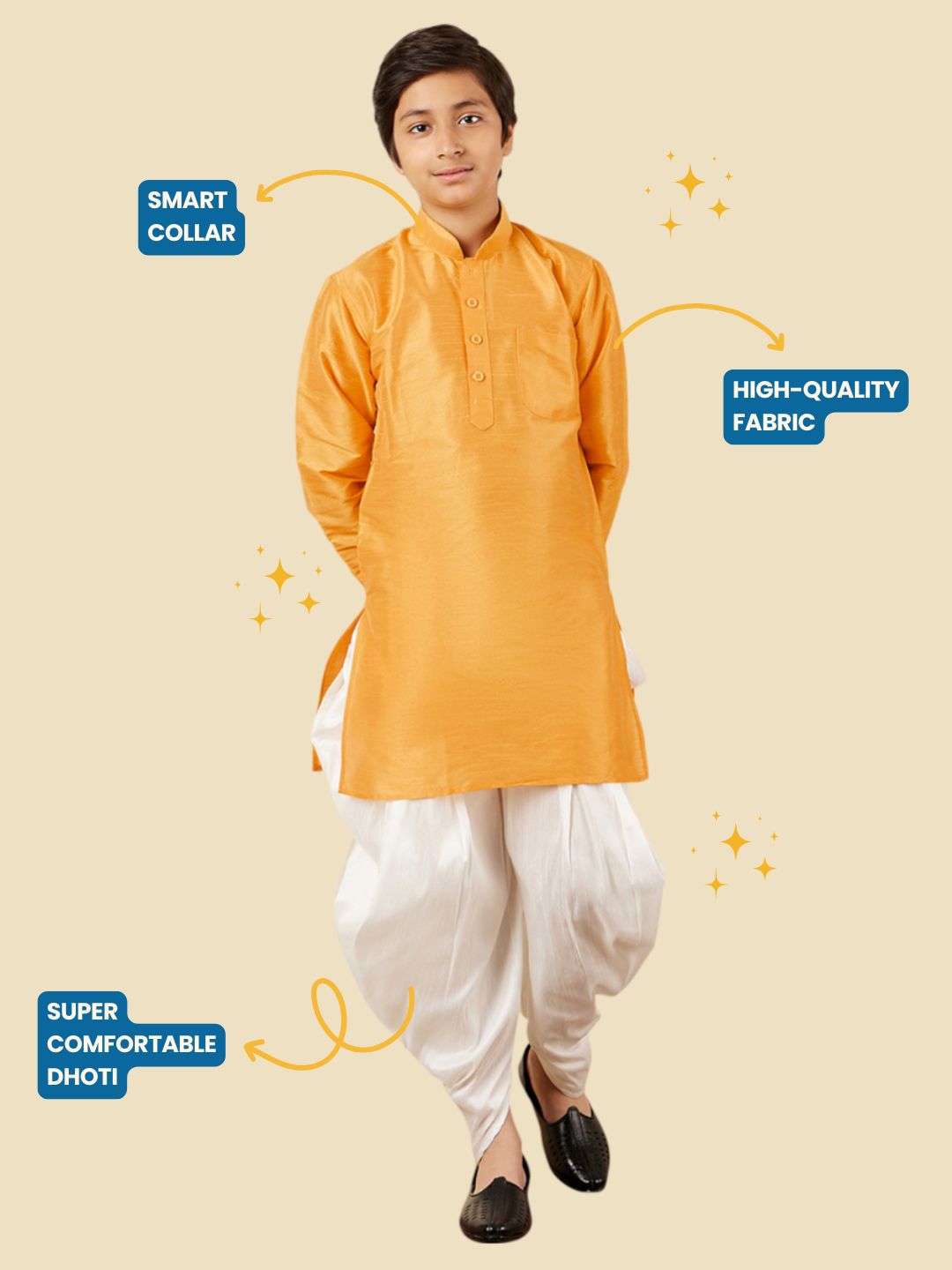 Kids Boys Yellow Solid Silk Blend Kurta Pyjama Set