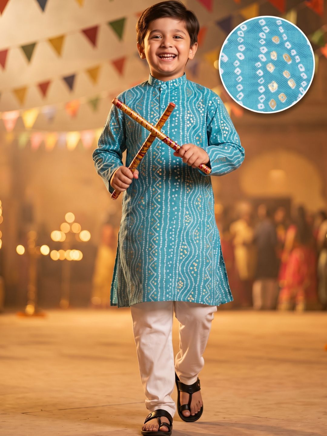Kids Boys C-Blue Bandhani Print Cotton Kurta Pyjama Set