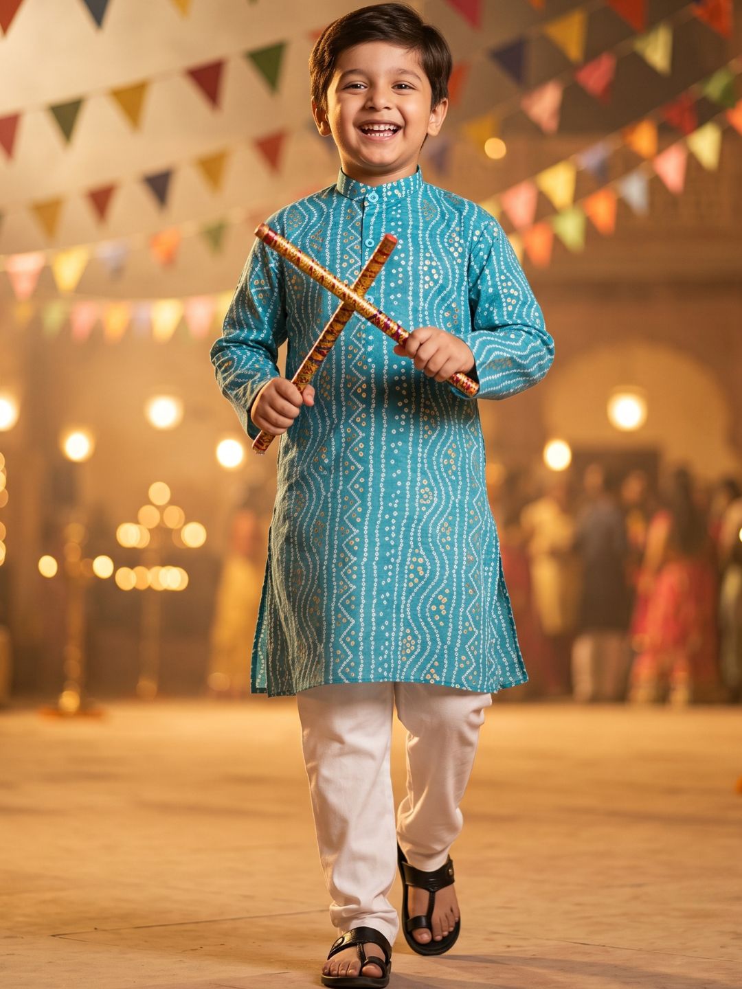 Kids Boys C-Blue Bandhani Print Cotton Kurta Pyjama Set