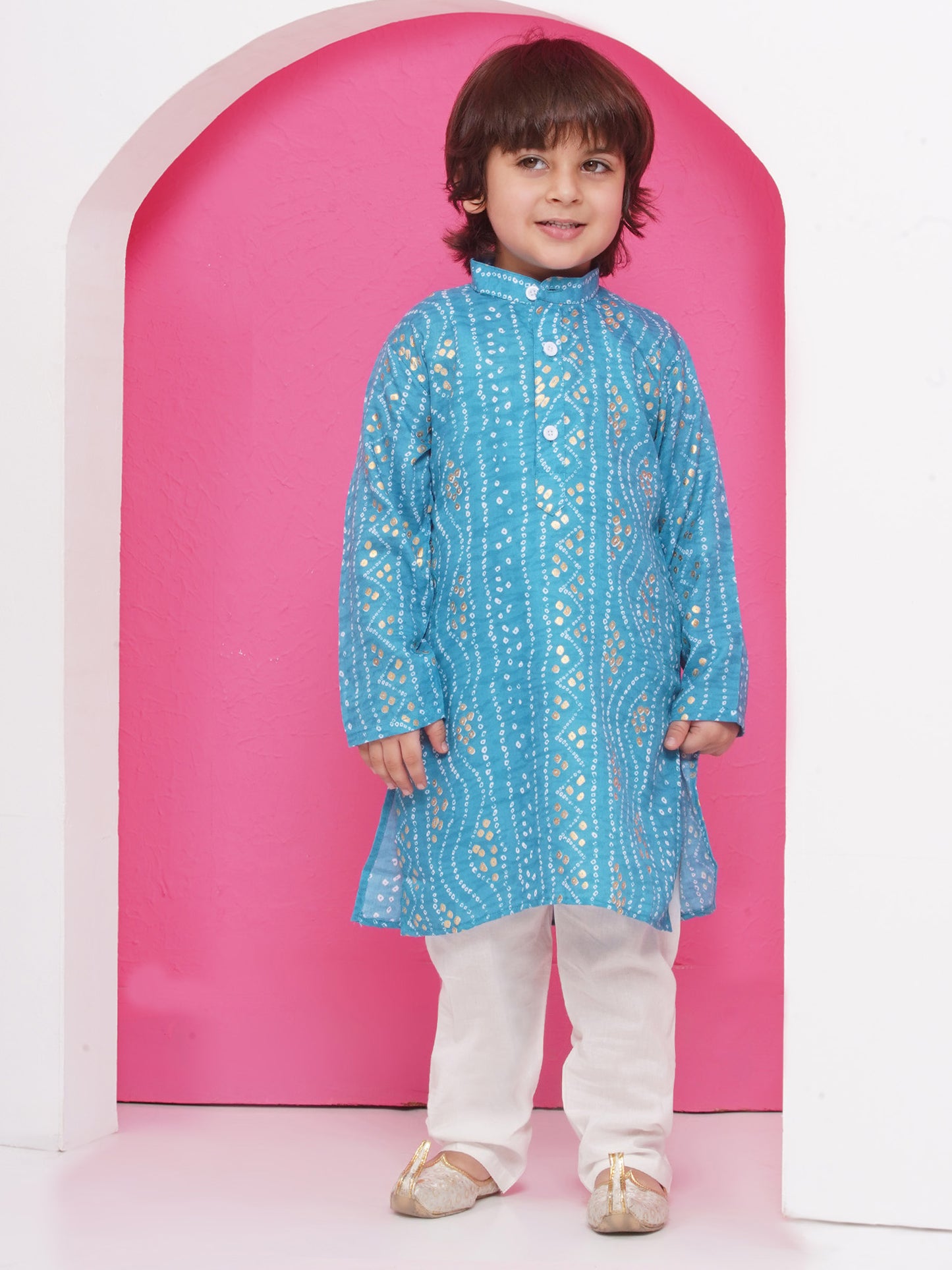 Kids Boys C-Blue Bandhani Print Cotton Kurta Pyjama Set