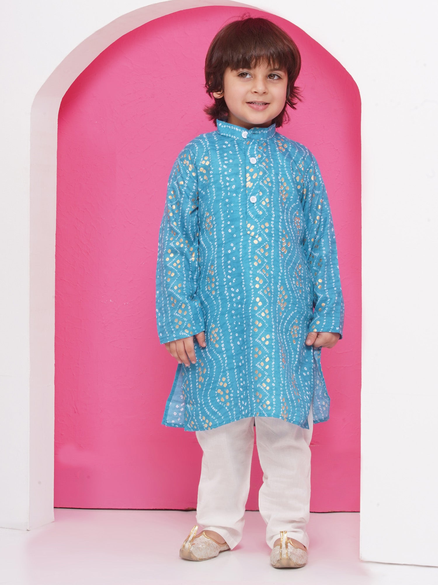 Kids Boys C-Blue Bandhani Print Cotton Kurta Pyjama Set - AJ Dezines