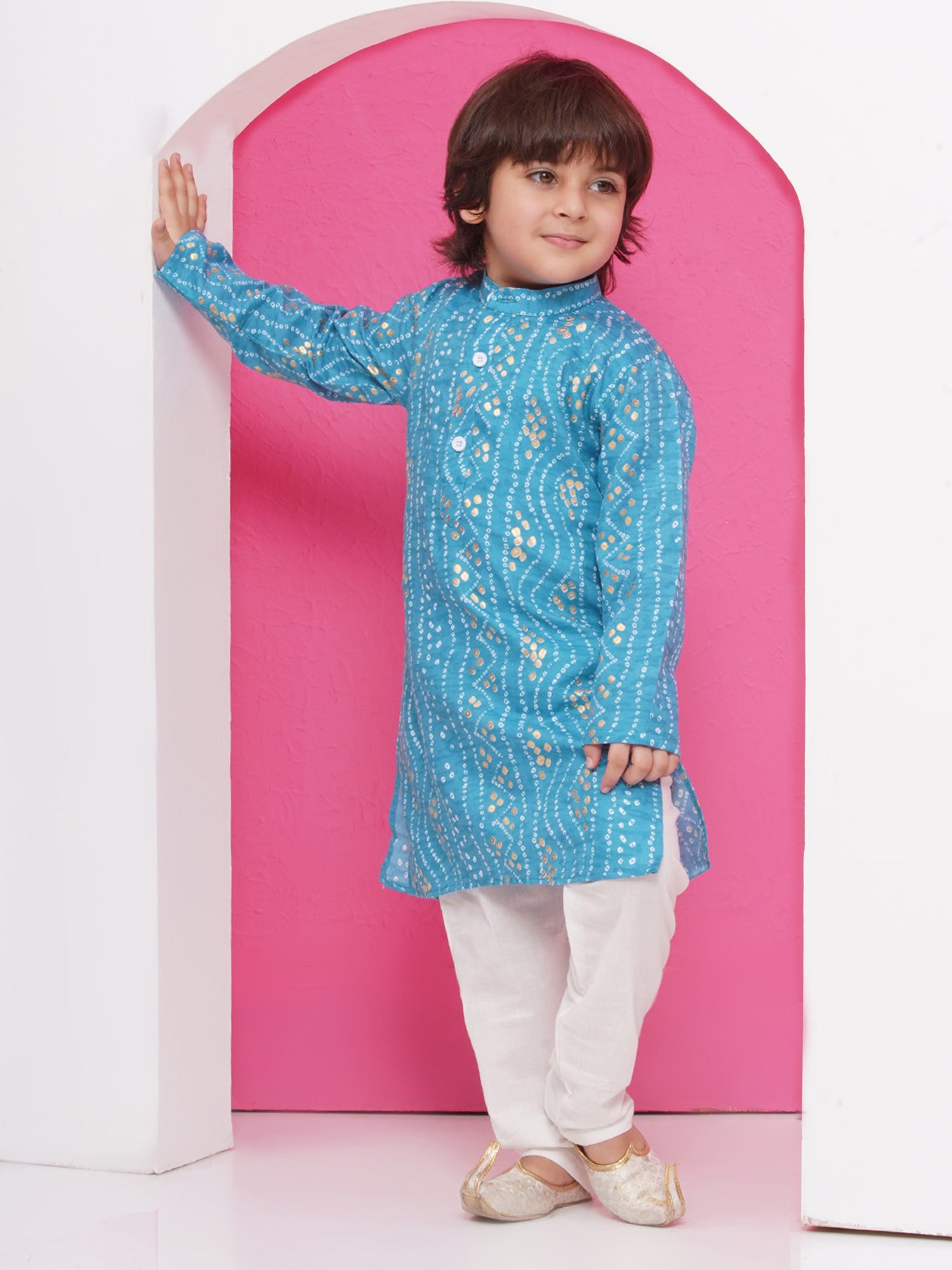 Kids Boys C-Blue Bandhani Print Cotton Kurta Pyjama Set - AJ Dezines