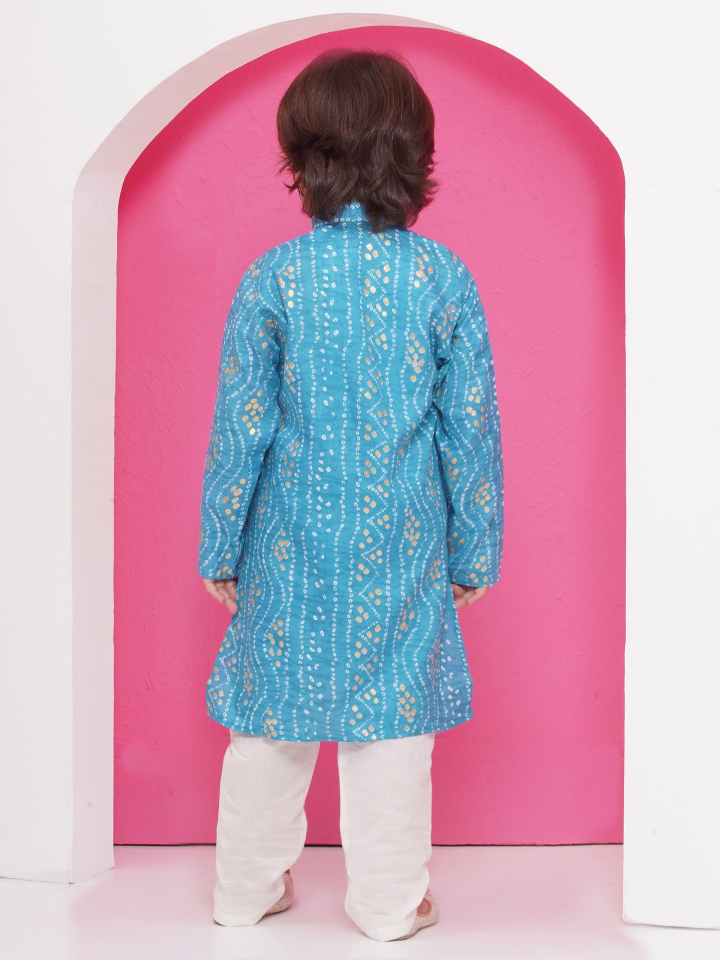 Kids Boys C-Blue Bandhani Print Cotton Kurta Pyjama Set