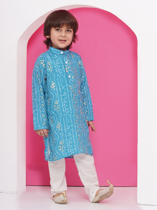 Kids Boys C-Blue Bandhani Print Cotton Kurta Pyjama Set