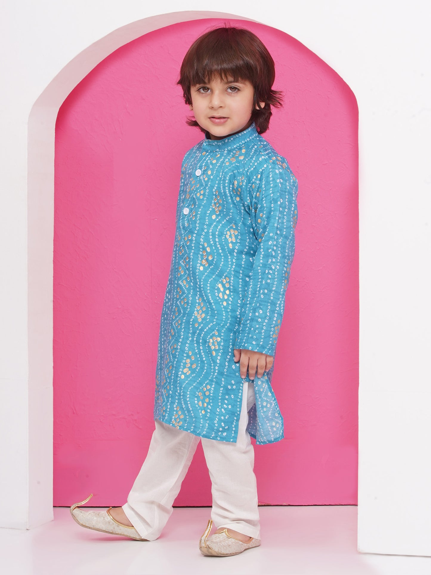 Kids Boys C-Blue Bandhani Print Cotton Kurta Pyjama Set