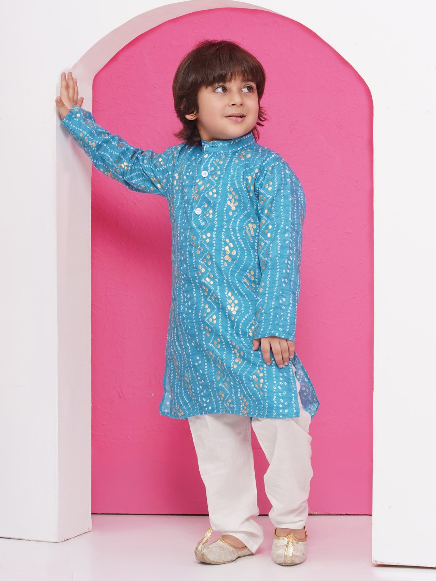 Kids Boys C-Blue Bandhani Print Cotton Kurta Pyjama Set