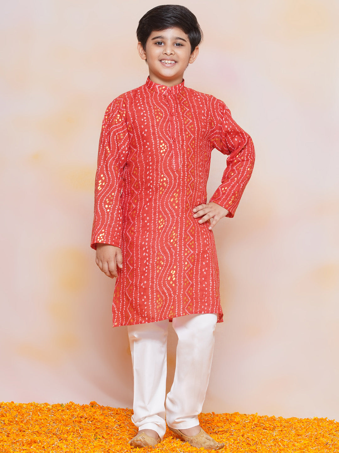 Kids Boys Maroon Bandhani Print Cotton Kurta Pyjama Set