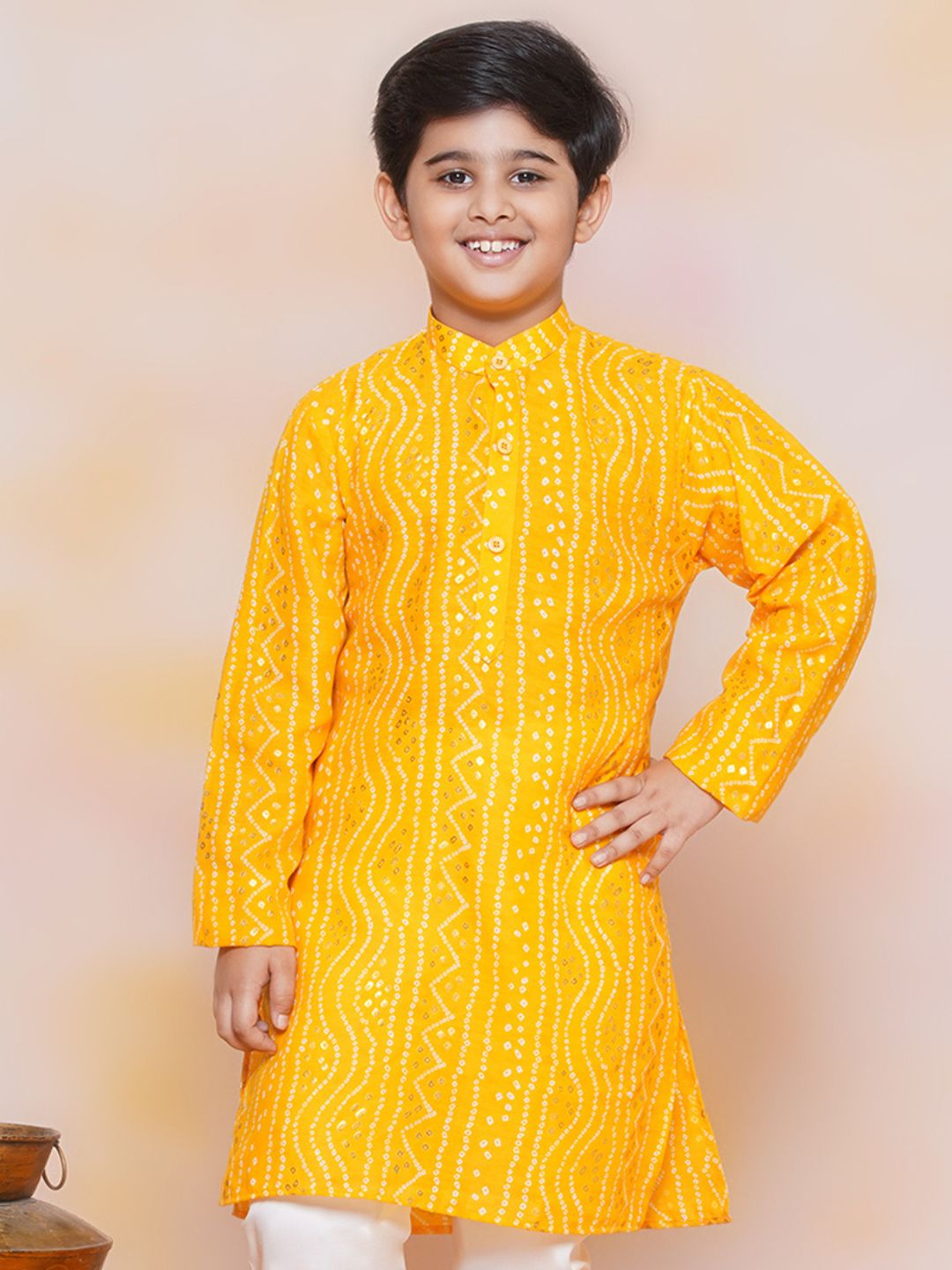 Kids Mustard Cotton Bandhani Kurta Set For Boys