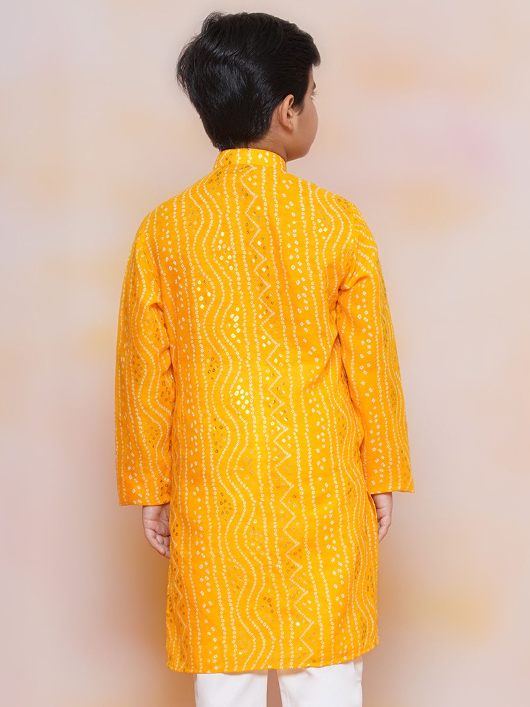 Kids Mustard Cotton Bandhani Kurta Set For Boys