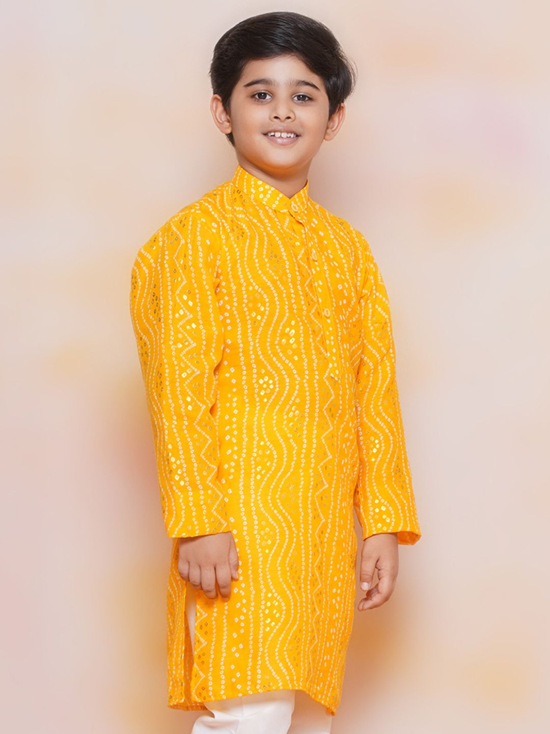 Kids Mustard Cotton Bandhani Kurta Set For Boys