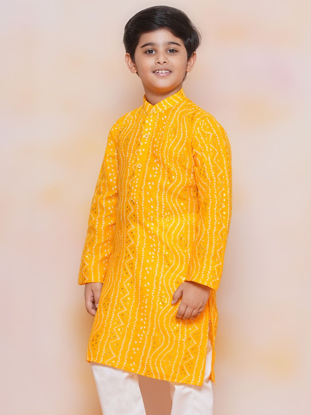 Kids Mustard Cotton Bandhani Kurta Set For Boys
