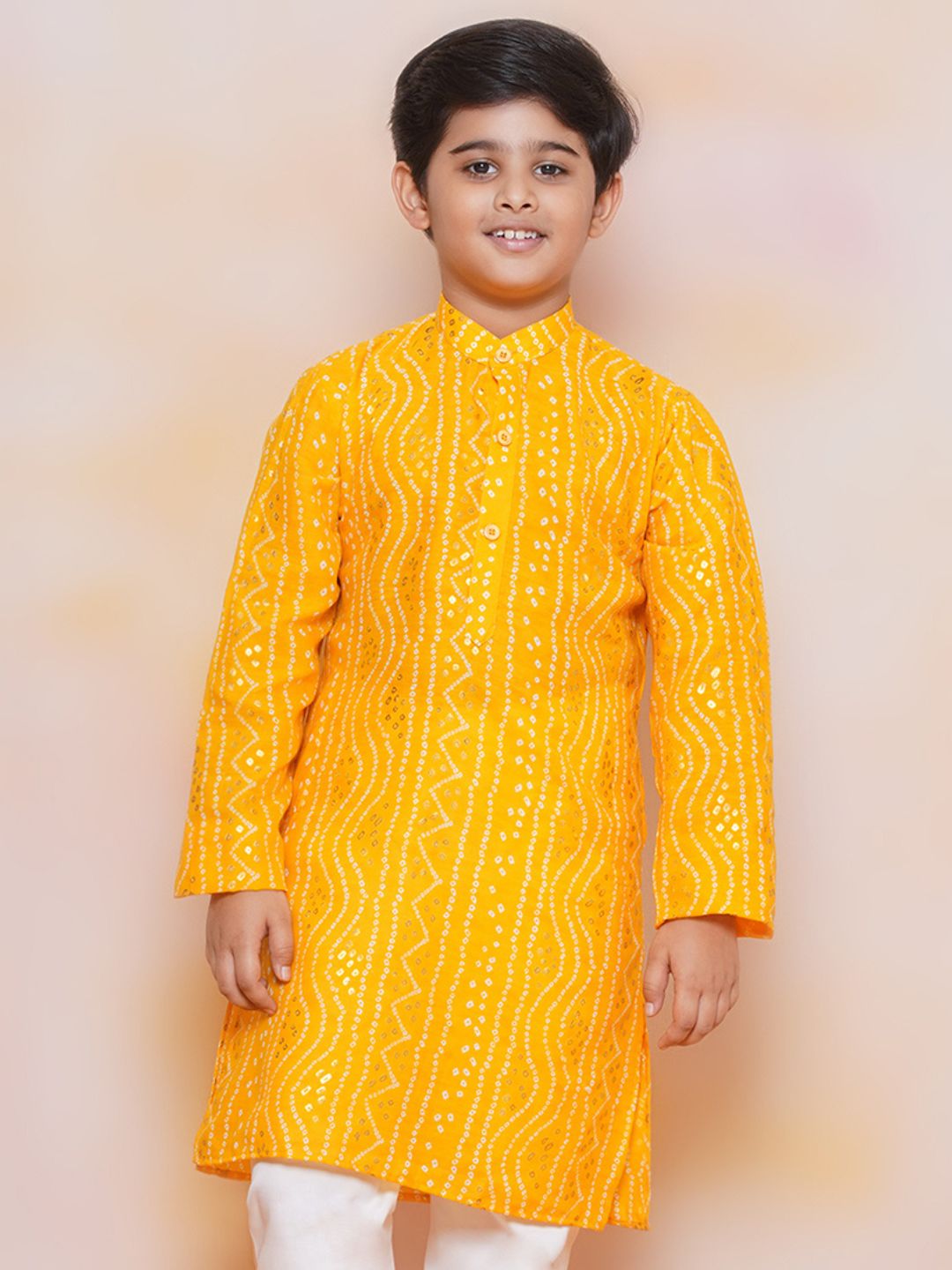 Kids Mustard Cotton Bandhani Kurta Set For Boys