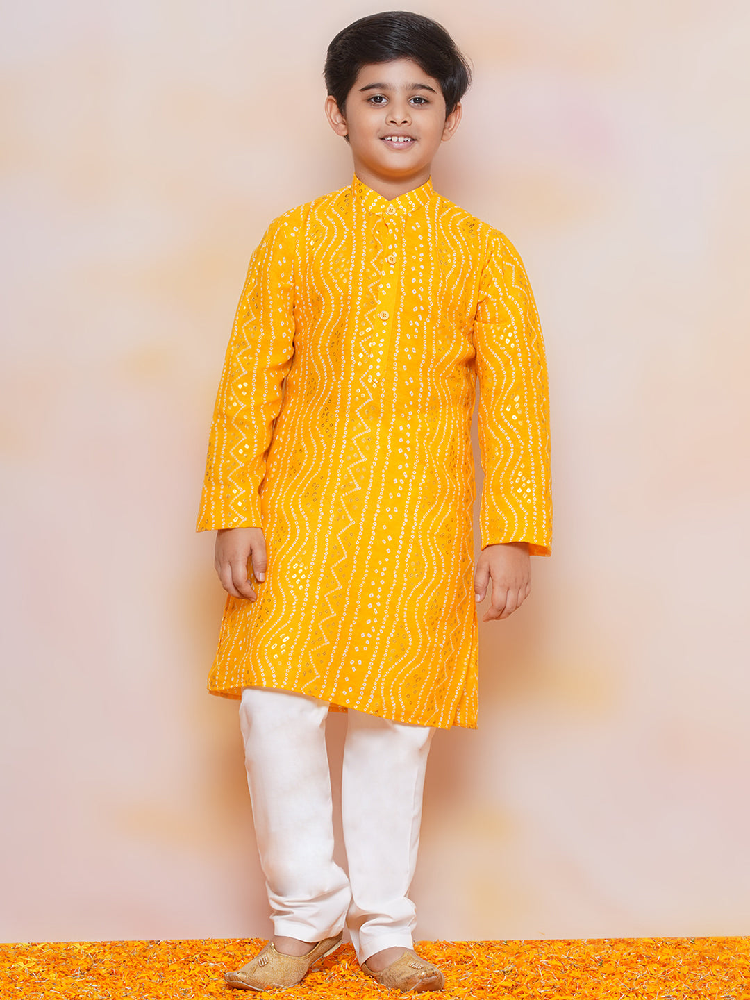 Kids Boys MUStard Bandhani Print Cotton Kurta Pyjama Set - AJ Dezines