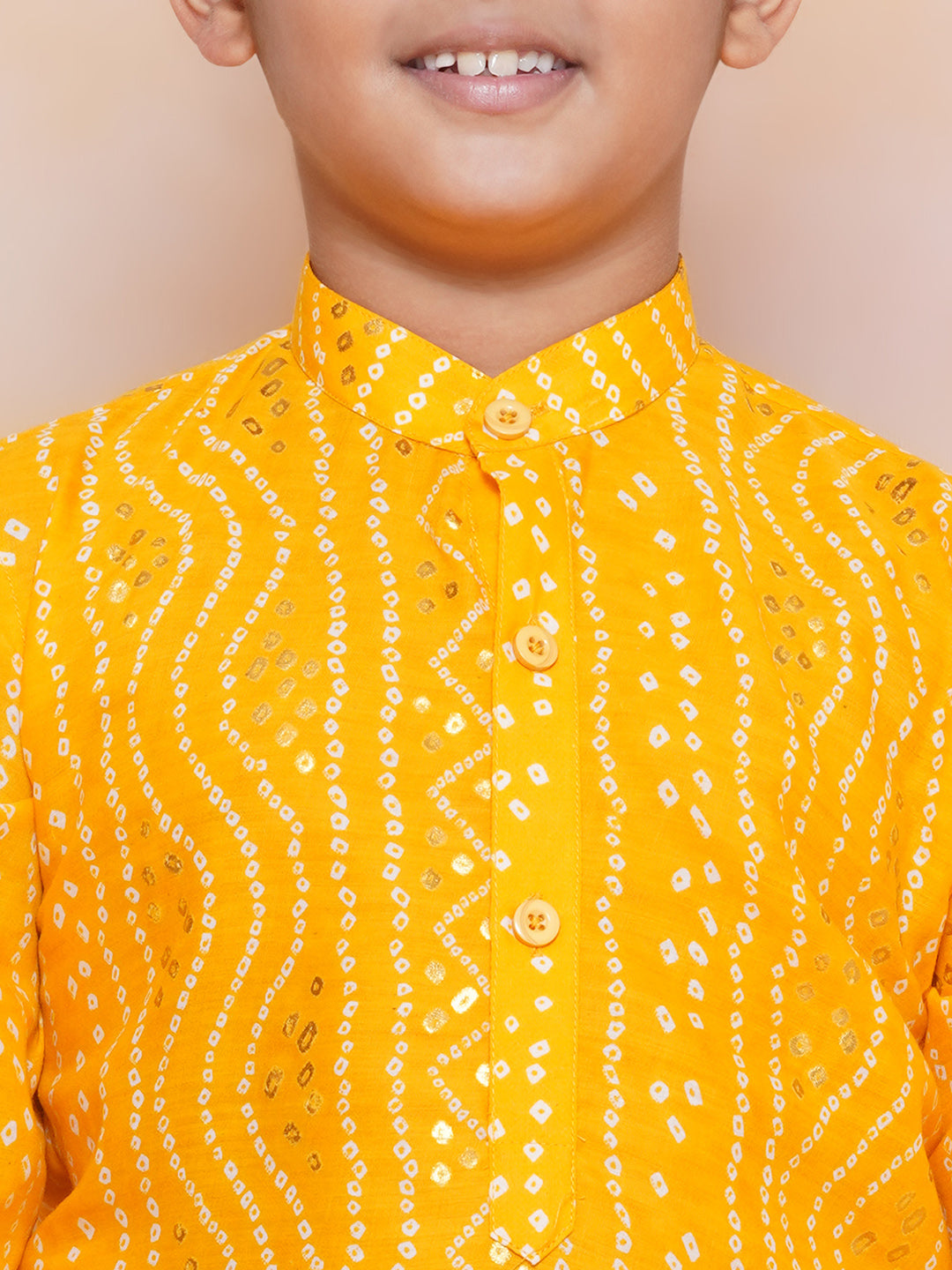 Kids Boys MUStard Bandhani Print Cotton Kurta Pyjama Set - AJ Dezines