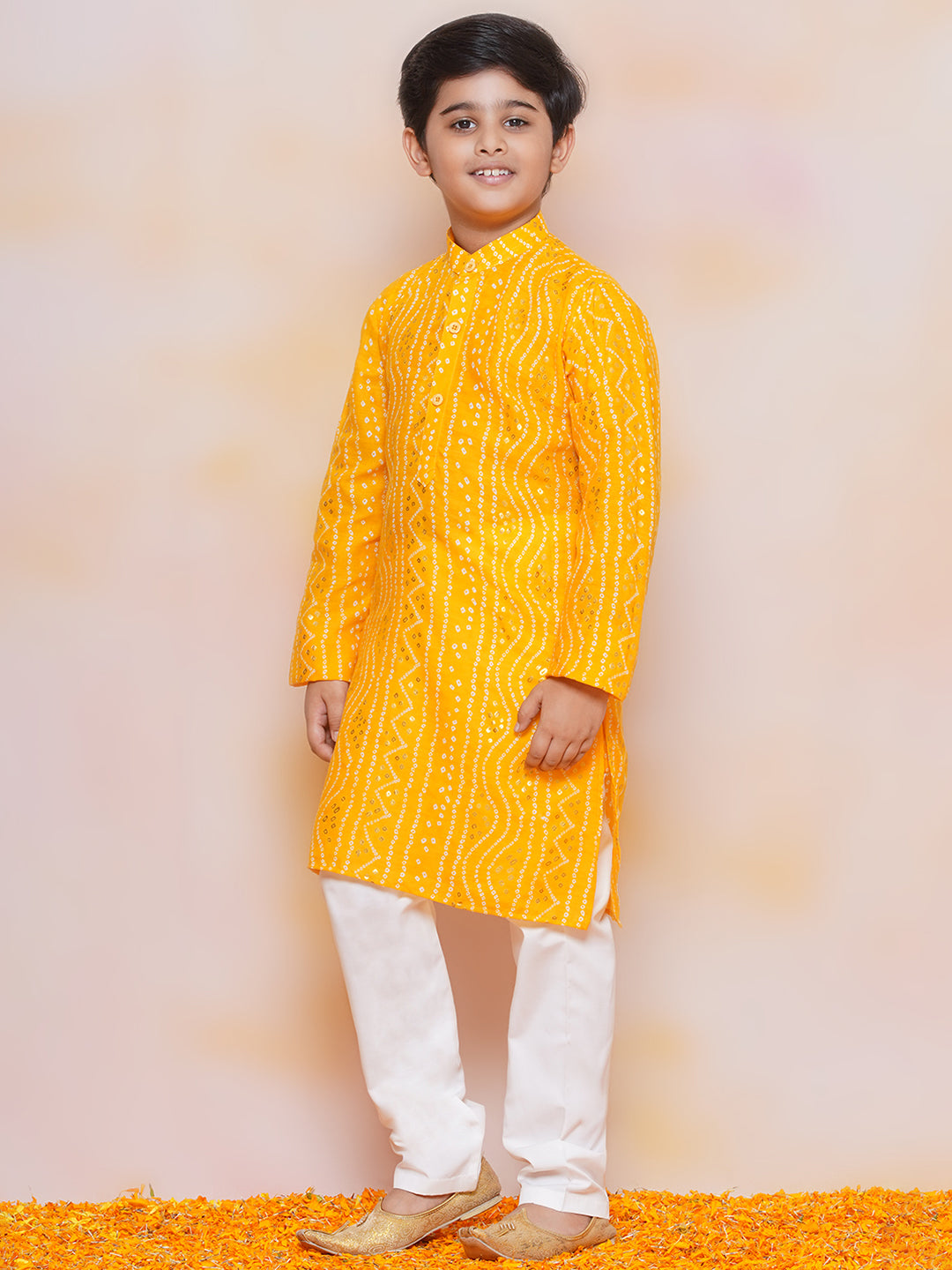 Kids Boys MUStard Bandhani Print Cotton Kurta Pyjama Set - AJ Dezines