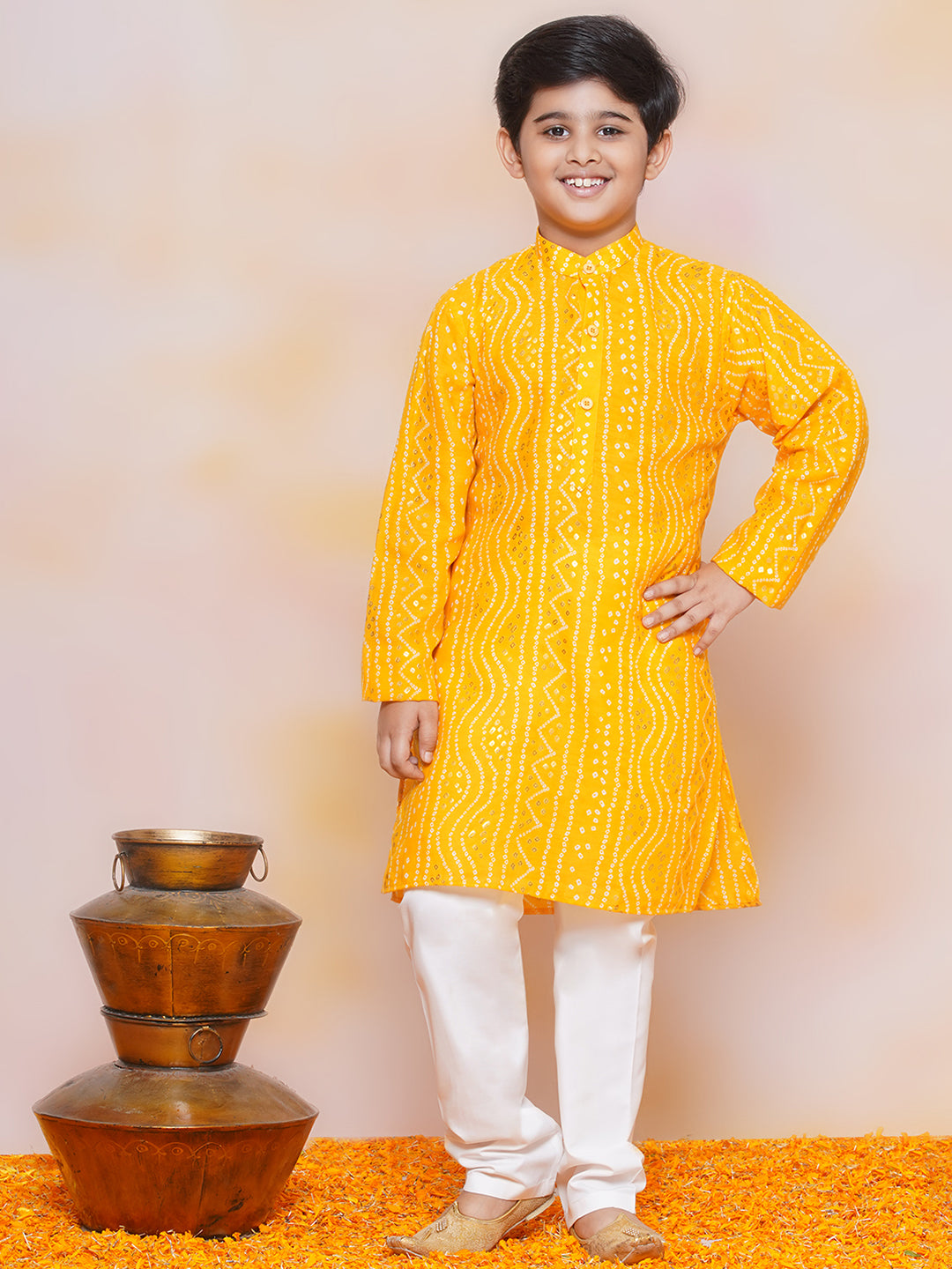 Kids Boys MUStard Bandhani Print Cotton Kurta Pyjama Set - AJ Dezines