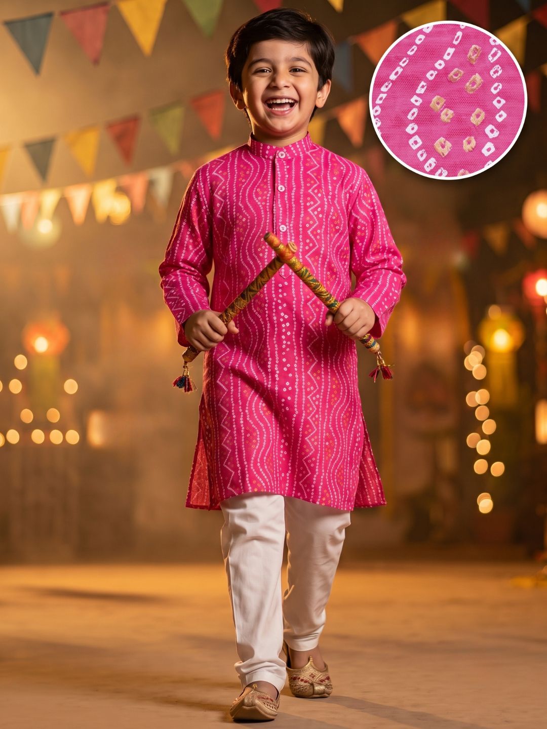 Kids Boys PINK Bandhani Print Cotton Kurta Pyjama Set