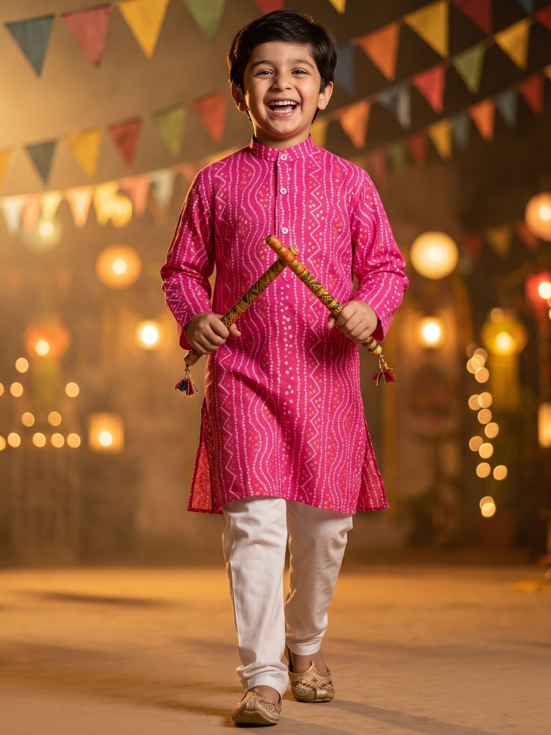 Kids Boys PINK Bandhani Print Cotton Kurta Pyjama Set