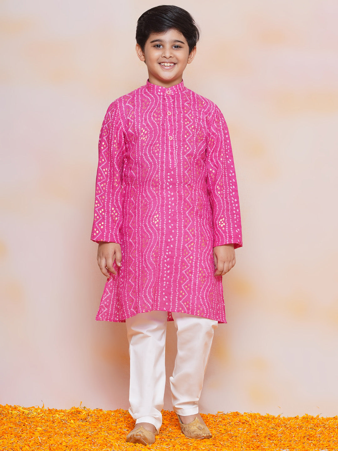 Kids Boys PINK Bandhani Print Cotton Kurta Pyjama Set