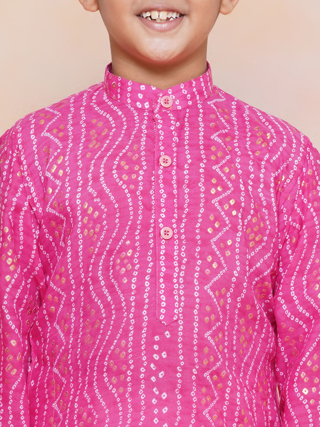 Kids Boys PINK Bandhani Print Cotton Kurta Pyjama Set