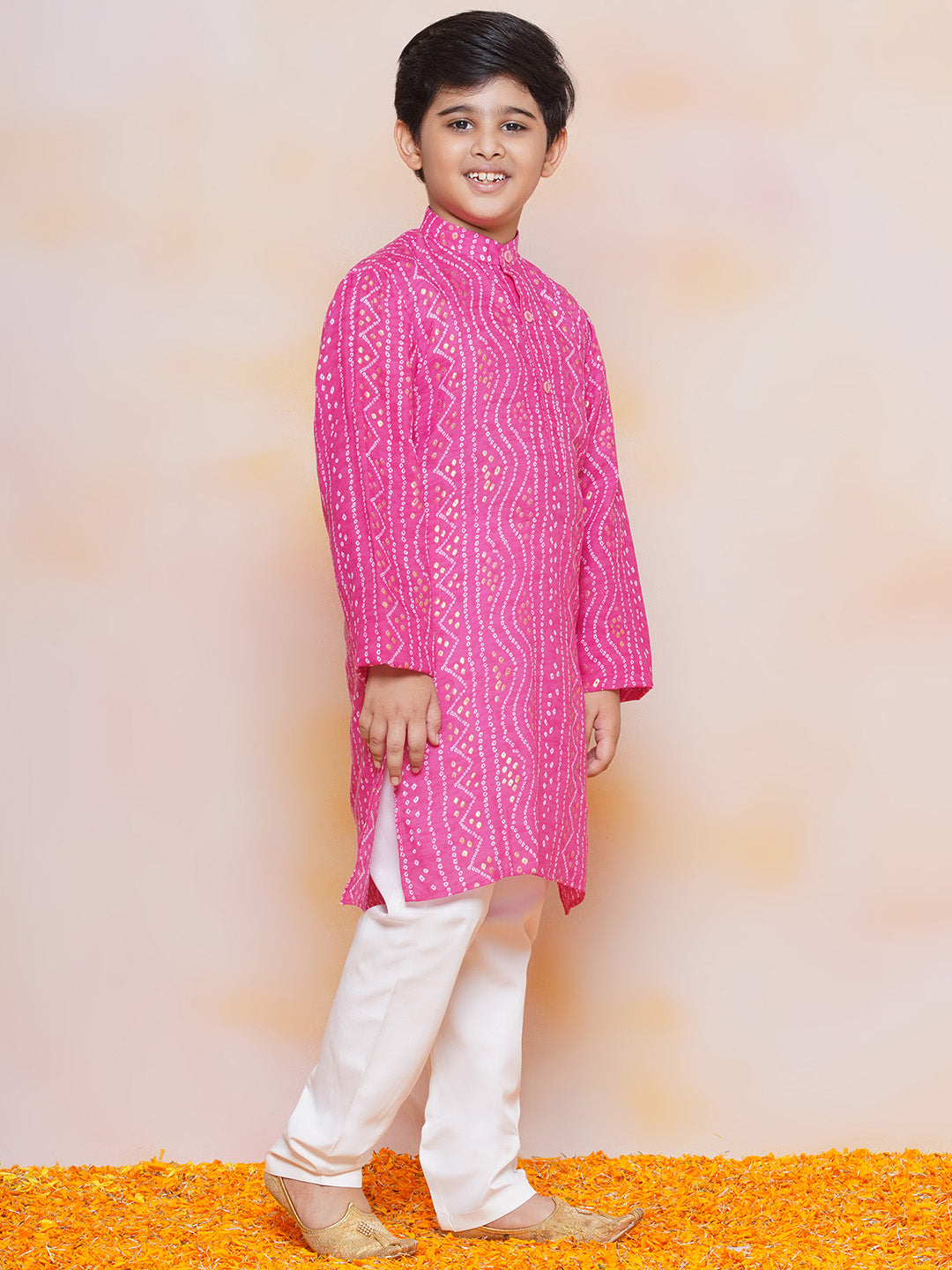 Kids Boys PINK Bandhani Print Cotton Kurta Pyjama Set