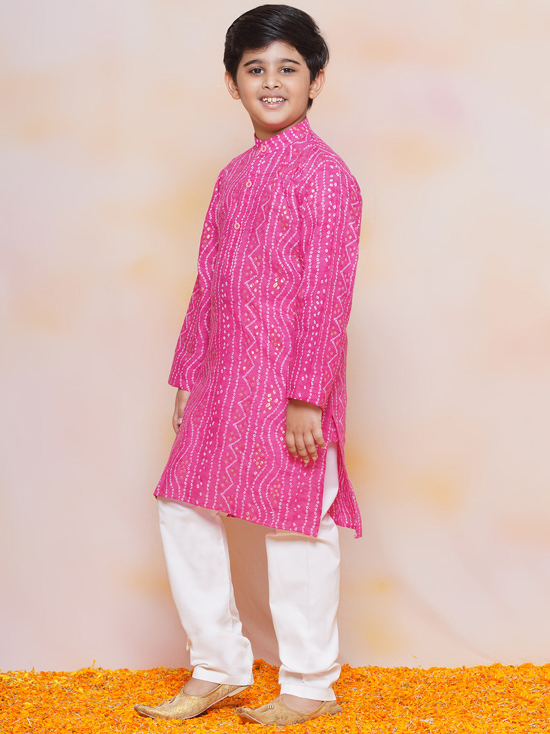 Kids Boys PINK Bandhani Print Cotton Kurta Pyjama Set