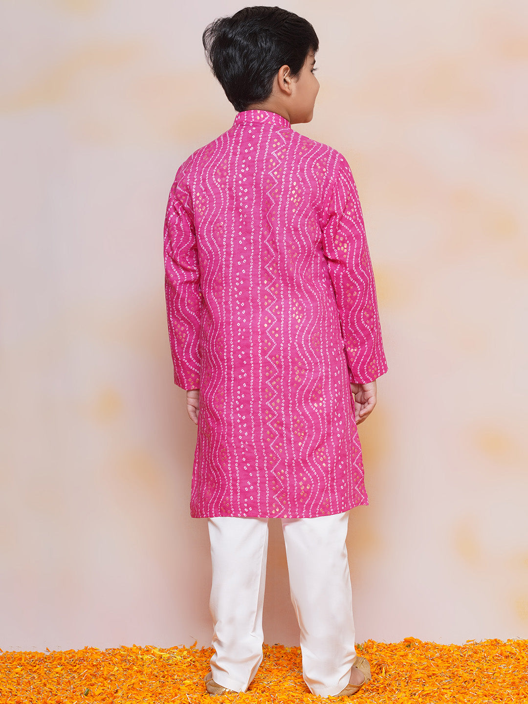 Kids Boys PINK Bandhani Print Cotton Kurta Pyjama Set