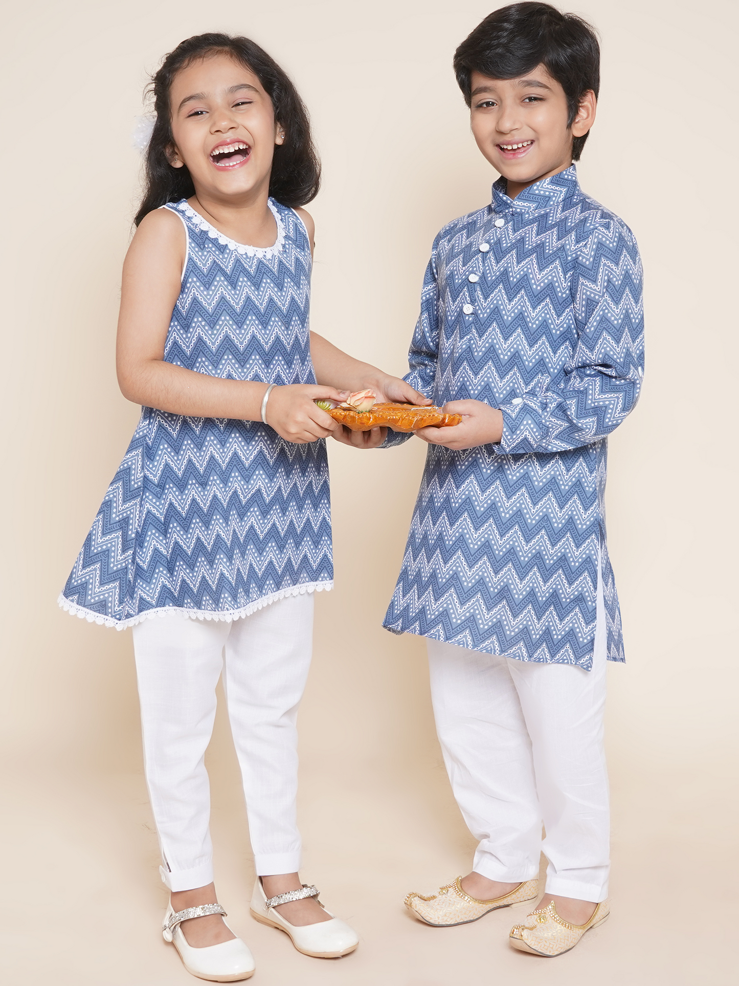 Boys Pure Cotton Kurta Pyjamas and GirlsKurti with Salwar Sibling Sets -Blue