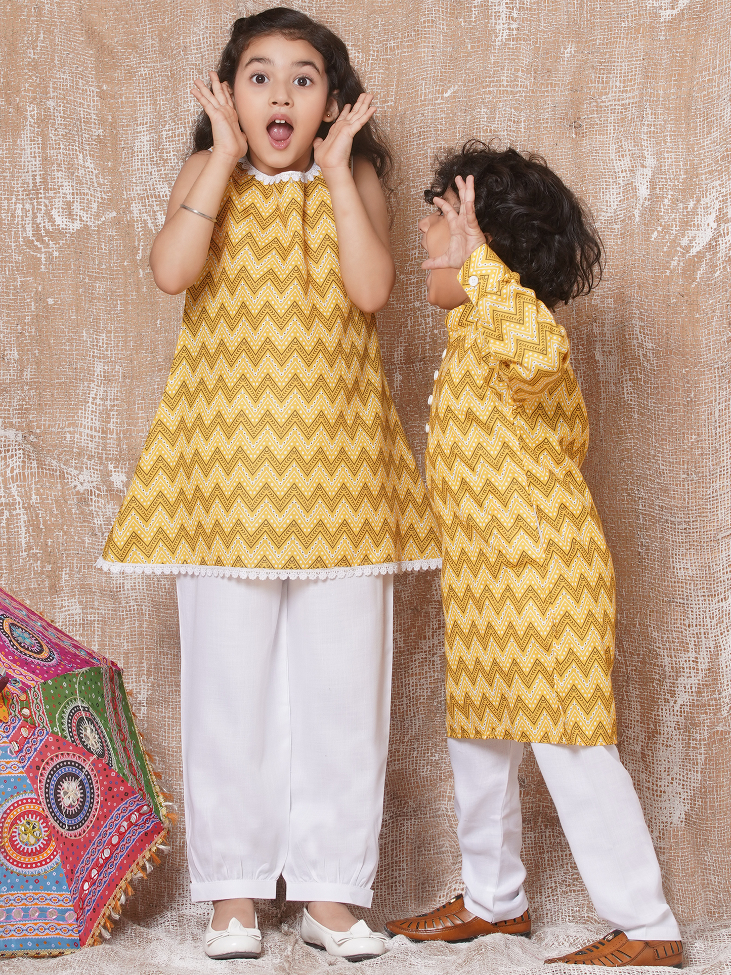 Boys Pure Cotton Kurta Pyjamas and Girls Kurta With Sharara-Sibling Sets