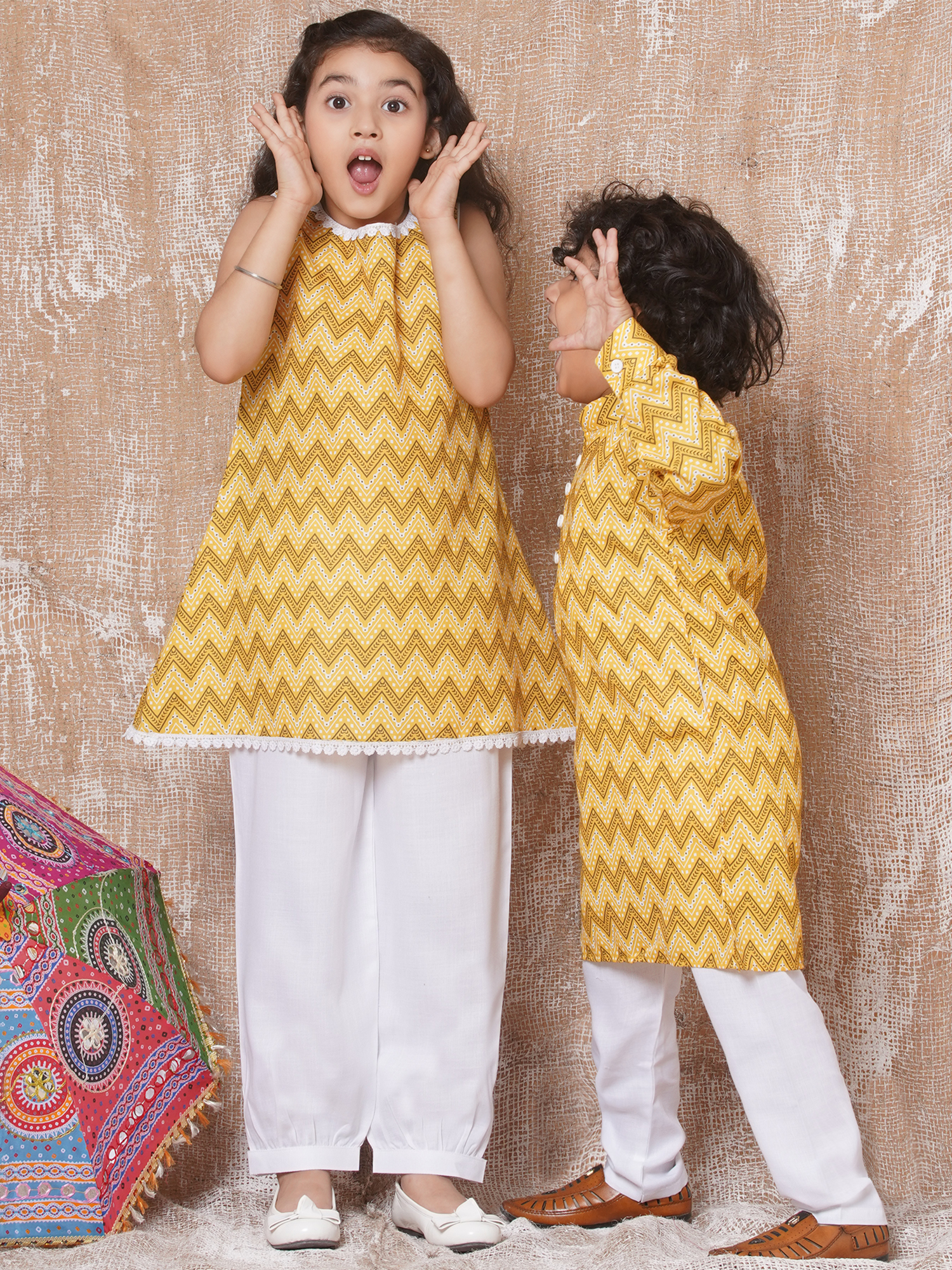 Boys Pure Cotton Kurta Pyjamas and Girls Kurta With Sharara-Sibling Sets - AJ Dezines
