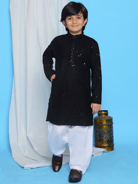 Aj Dezines Black Schiffli Full Sleeves Embroidered Kurta Pyjama Set For Boys