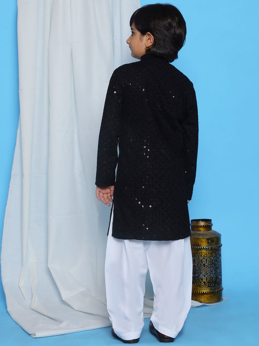Aj Dezines Black Schiffli Full Sleeves Embroidered Kurta Pyjama Set For Boys