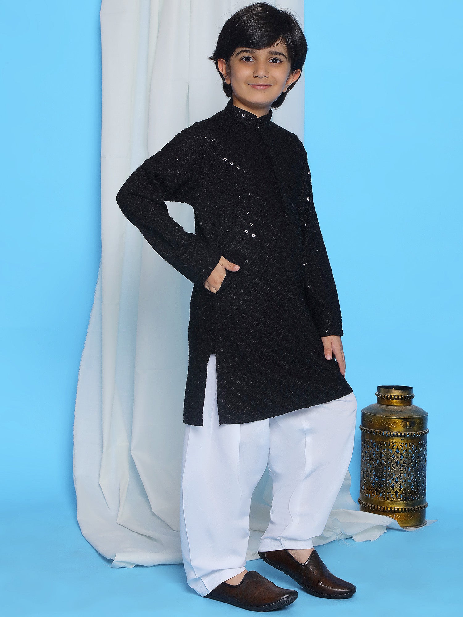 Black Schiffli Full Sleeves Embroidered Kurta Pyjama Set For Boys