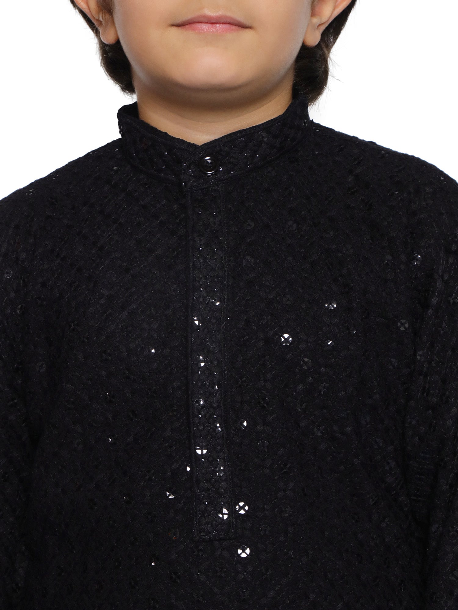 Black Schiffli Full Sleeves Embroidered Kurta Pyjama Set For Boys