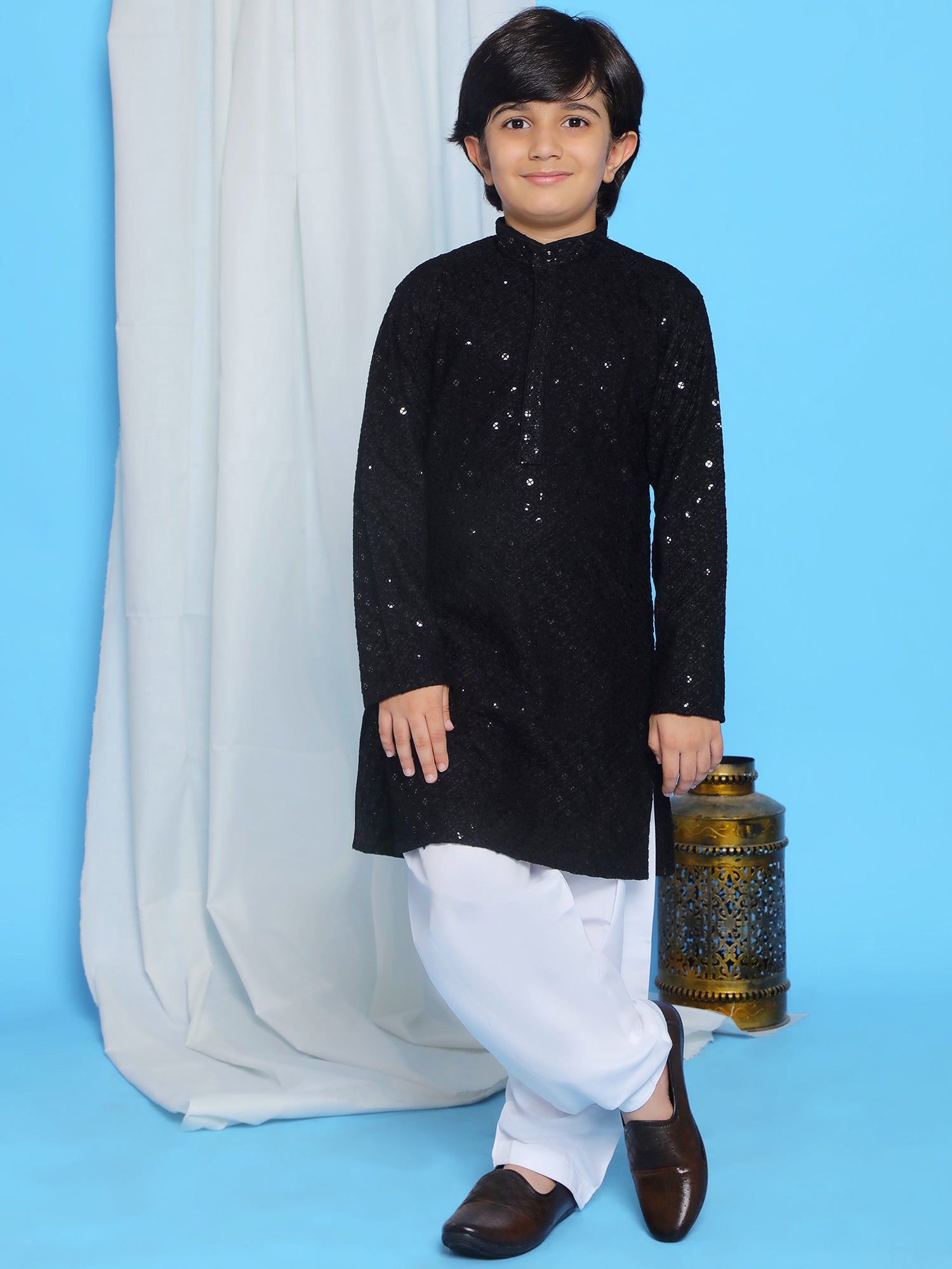 Black Schiffli Full Sleeves Embroidered Kurta Pyjama Set For Boys