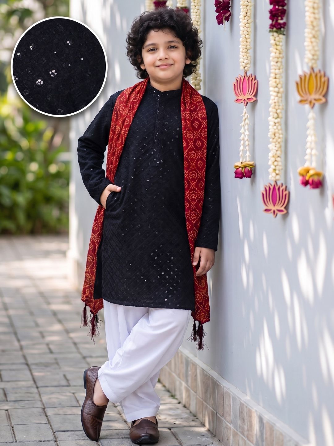 Black Sequence Embroidery Cotton Blend Kurta Pyjama With Maroon Dupatta Set For Boys
