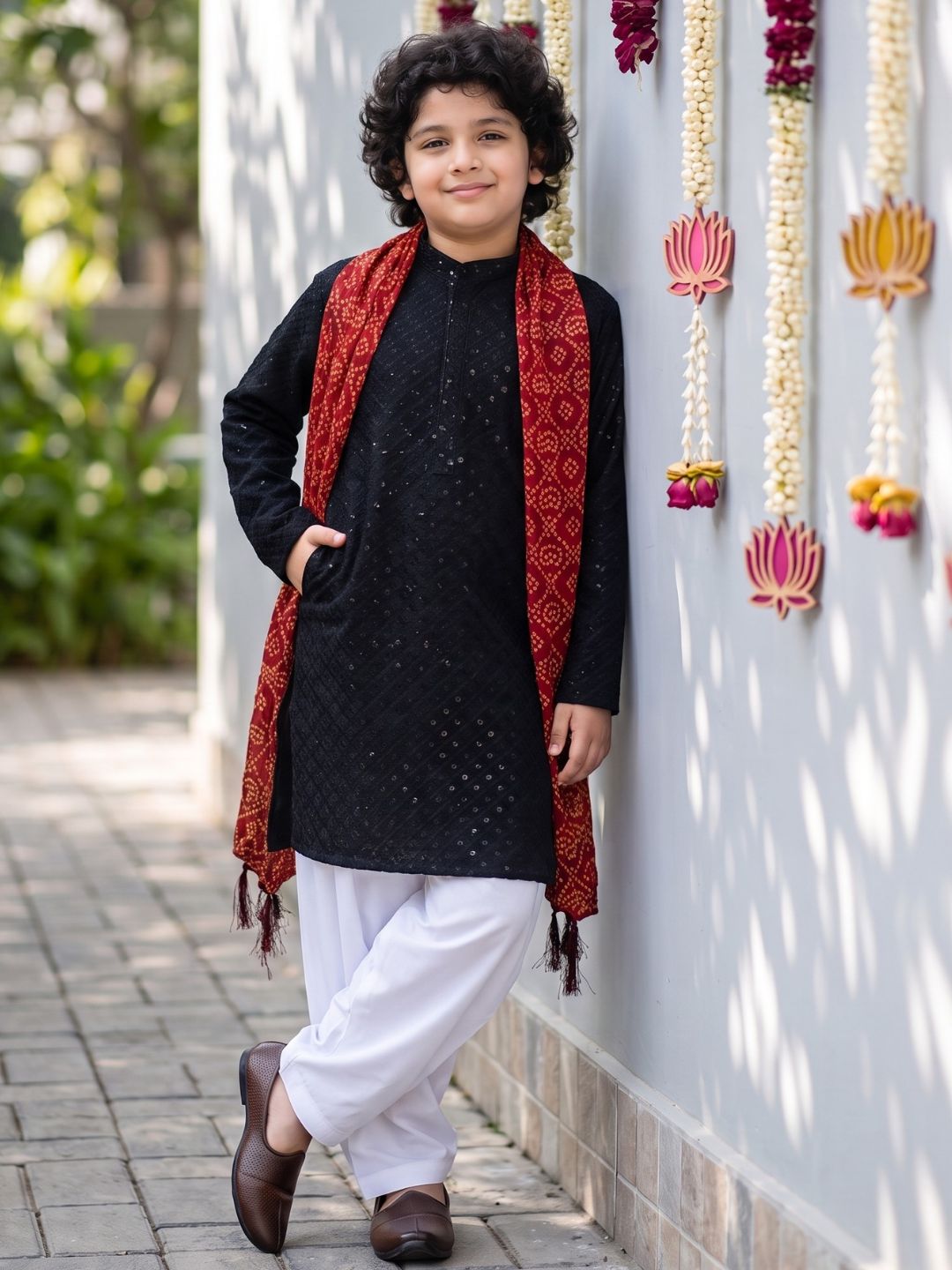Black Sequence Embroidery Cotton Blend Kurta Pyjama With Maroon Dupatta Set For Boys