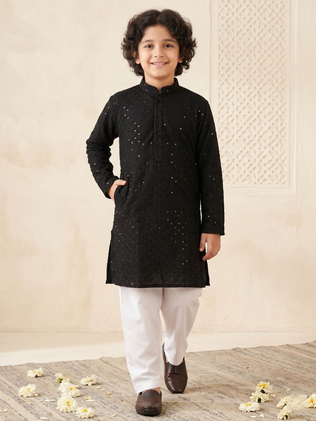 Black Schiffli Full Sleeves Embroidered Kurta Pyjama Set For Boys
